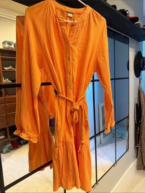 Magaschoni Orange🍊Sherbet Women's 100% Organic Cotton Gauze Dress with Rope Tie